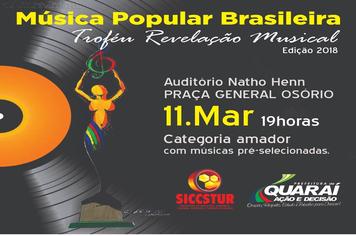 É NESTE DOMINGO (11) A 3ª EDIÇÃO DO TROFÉU REVELAÇÃO MUSICAL MPB
Neste domingo (10) as 19 horas, venha torcer por seu intérprete no TROFÉU REVELAÇÃO MUSICAL MPB, no remodelado Anfiteatro Natho Henn, na Praça General Osório.
Evento totalmente gratuito orga