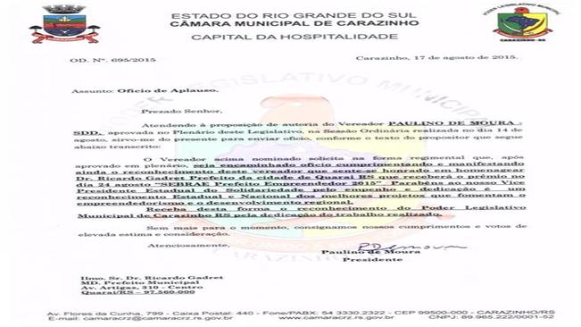 PREFEITO DE QUARAÍ RECEBE HOMENAGENS DE CÂMARAS DE VEREADORES DE OUTROS MUNICÍPIOS