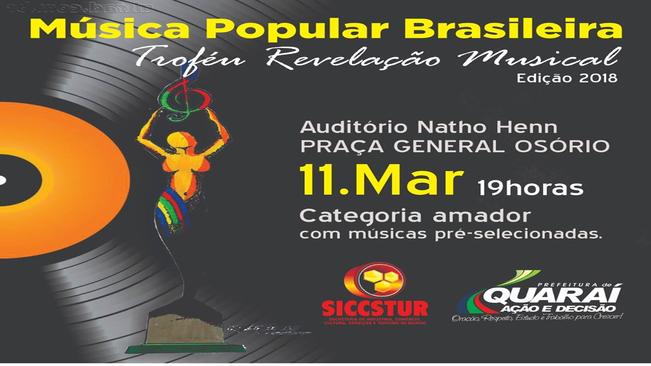 É NESTE DOMINGO (11) A 3ª EDIÇÃO DO TROFÉU REVELAÇÃO MUSICAL MPB
Neste domingo (10) as 19 horas, venha torcer por seu intérprete no TROFÉU REVELAÇÃO MUSICAL MPB, no remodelado Anfiteatro Natho Henn, na Praça General Osório.
Evento totalmente gratuito orga