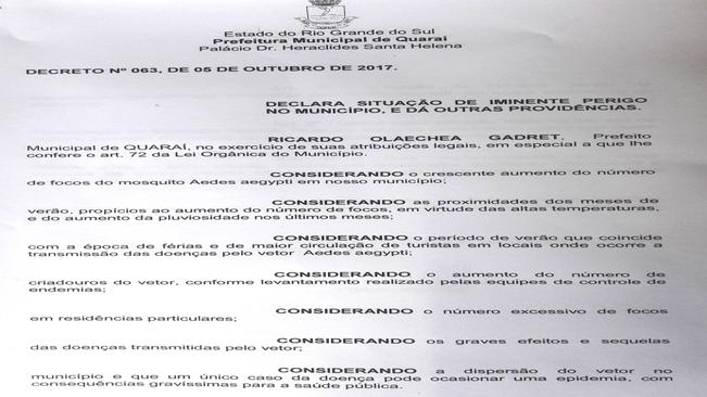 ATENÇÃO!
DECRETADA SITUAÇÃO DE IMINENTE PERIGO NO MUNICÍPIO DEVIDO AO GRANDE NÚMERO DE FOCOS DO MOSQUITO DA DENGUE